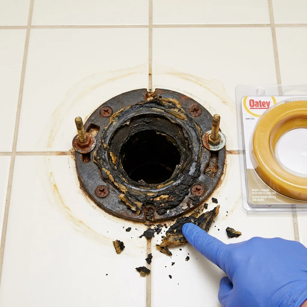 Failed wax ring showing water seepage at the base of a toilet in a Wildwood, MO home