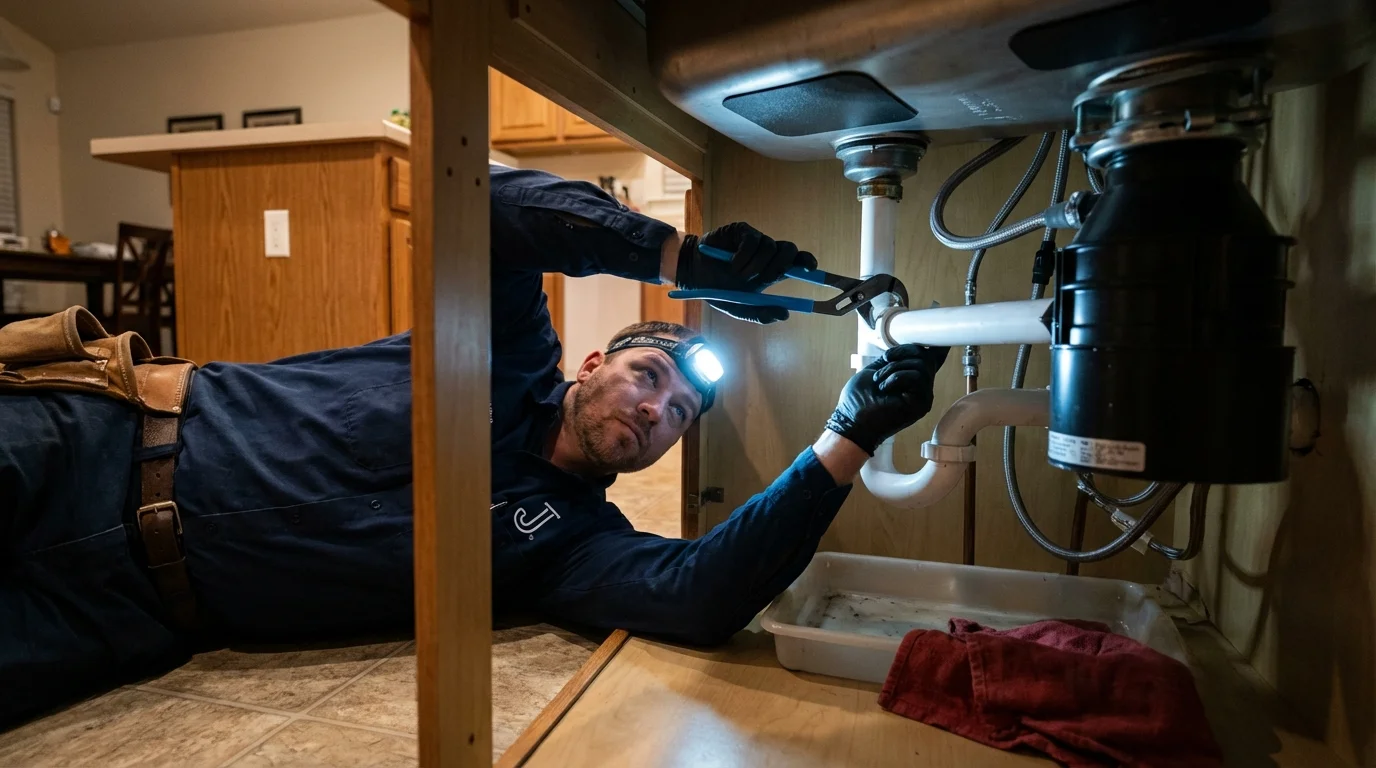 P-trap and supply line connections under a kitchen sink showing a common leak point in Wildwood, MO
